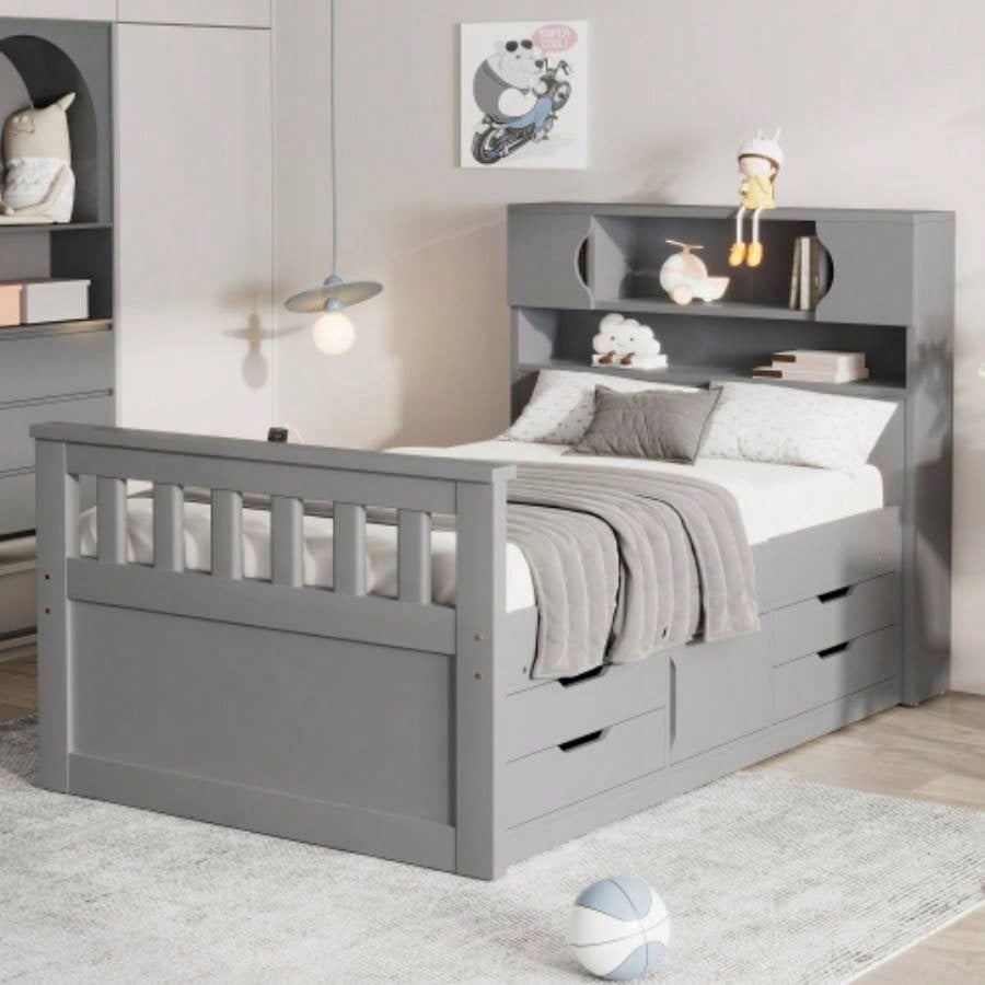 Twin Size Captain Platform Bed Frame with Storage Bookcases and Shelves, Four Drawers, Gray