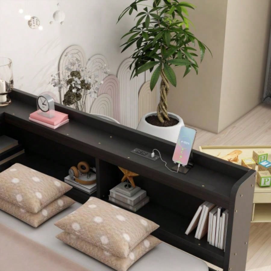 Full Size L - shaped Bookcases Bed with Power Outlets, USB Charging Ports, Two Drawers, Espresso