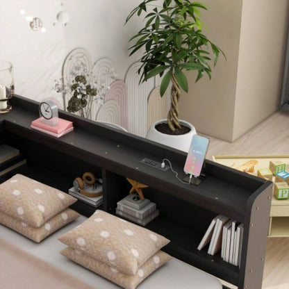 Full Size L - shaped Bookcases Bed with Power Outlets, USB Charging Ports, Two Drawers, Espresso