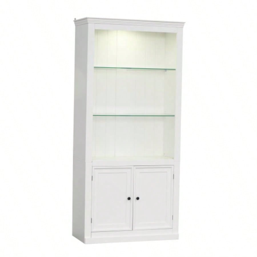 78.75H 4 - Tier Display Shelf with 5 - Colors Dimmable Ceiling Light, Freestanding Farmhouse Bookcases with Storage Doors, Bookshelf with Adjustable Glass Shelves Home Office - White