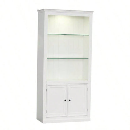 78.75H 4 - Tier Display Shelf with 5 - Colors Dimmable Ceiling Light, Freestanding Farmhouse Bookcases with Storage Doors, Bookshelf with Adjustable Glass Shelves Home Office - White