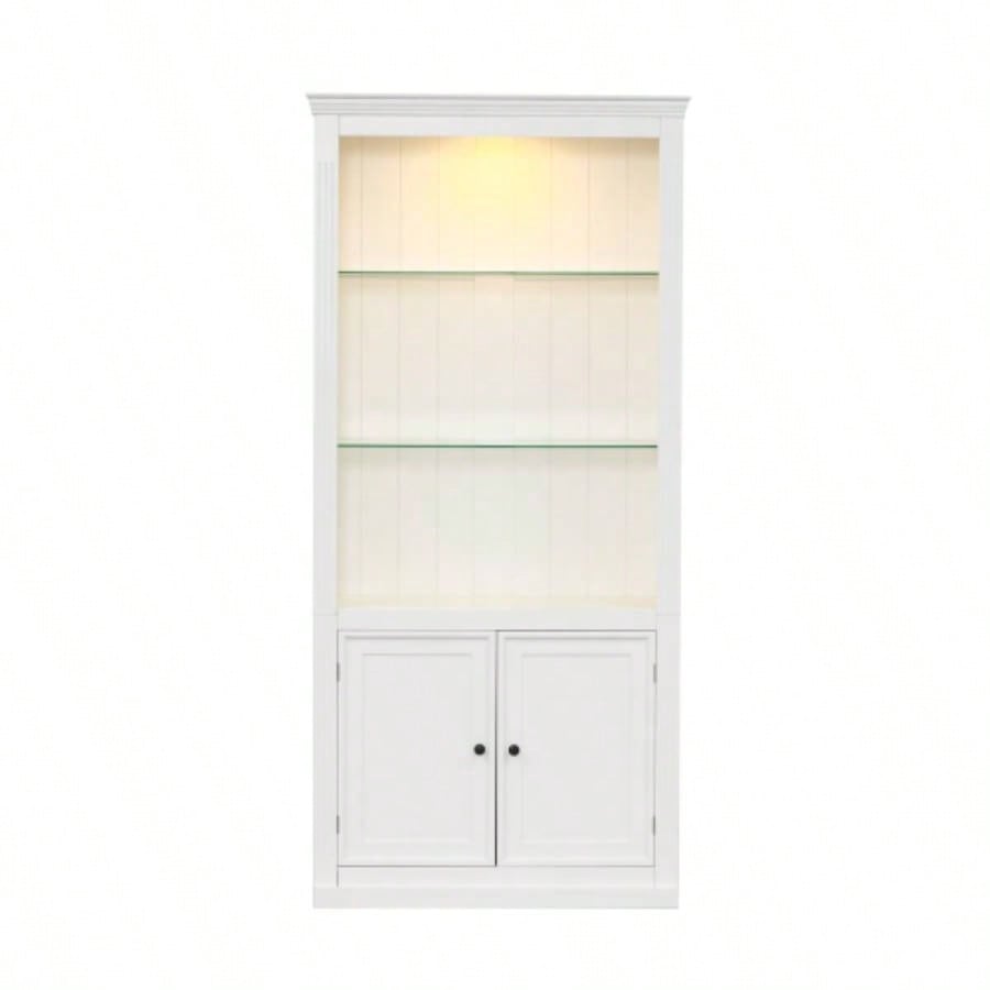 78.75H 4 - Tier Display Shelf with 5 - Colors Dimmable Ceiling Light, Freestanding Farmhouse Bookcases with Storage Doors, Bookshelf with Adjustable Glass Shelves Home Office - White