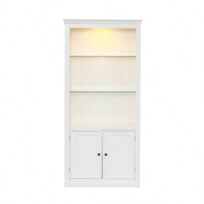 78.75H 4 - Tier Display Shelf with 5 - Colors Dimmable Ceiling Light, Freestanding Farmhouse Bookcases with Storage Doors, Bookshelf with Adjustable Glass Shelves Home Office - White