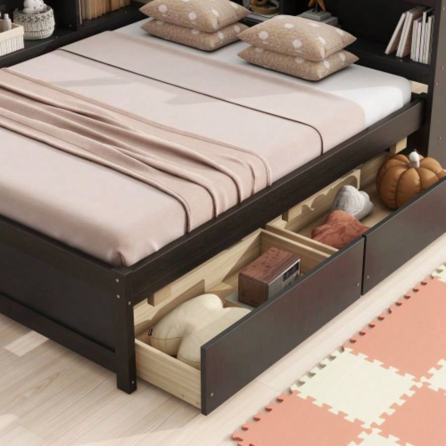 Full Size L - shaped Bookcases Bed with Power Outlets, USB Charging Ports, Two Drawers, Espresso