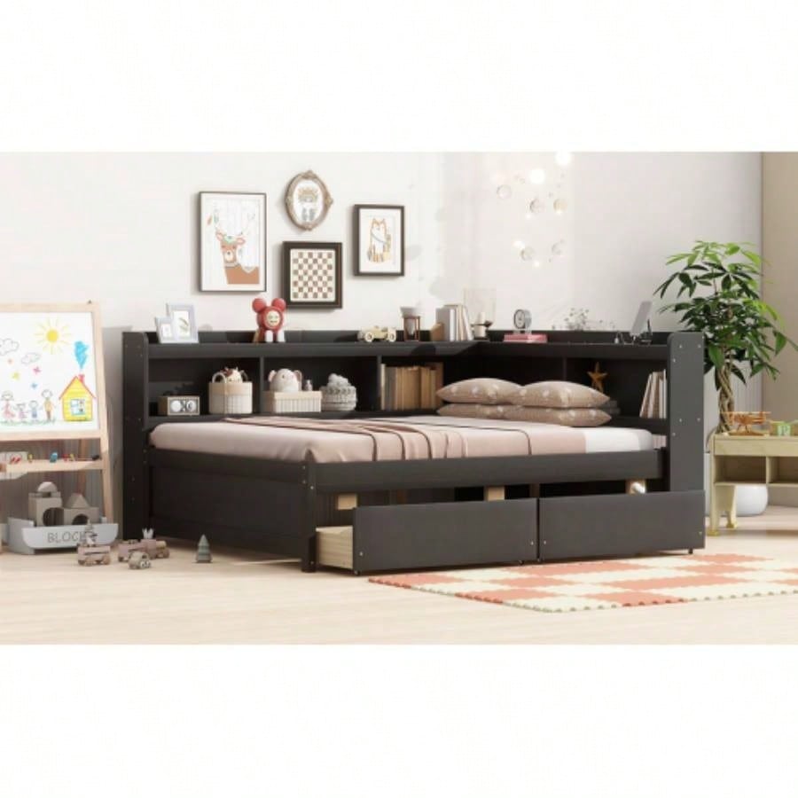 Full Size L - shaped Bookcases Bed with Power Outlets, USB Charging Ports, Two Drawers, Espresso