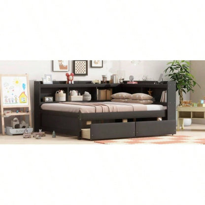 Full Size L - shaped Bookcases Bed with Power Outlets, USB Charging Ports, Two Drawers, Espresso