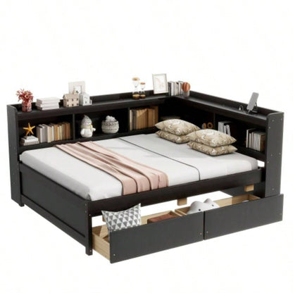 Full Size L - shaped Bookcases Bed with Power Outlets, USB Charging Ports, Two Drawers, Espresso