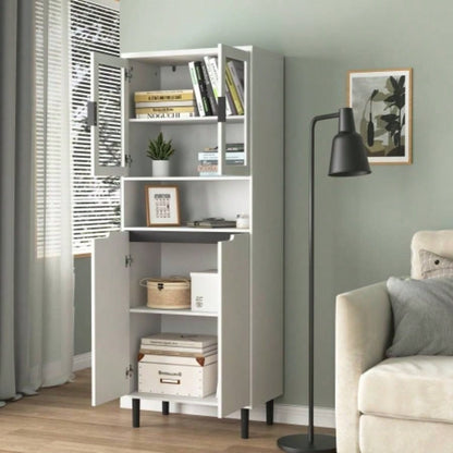 Tempered Glass Door Tall Storage Bookcase with adjustable board, 4 doors MDF painting finished cabinet, White, Living room Bedroom storage