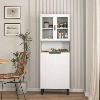 Tempered Glass Door Tall Storage Bookcase with adjustable board, 4 doors MDF painting finished cabinet, White, Living room Bedroom storage