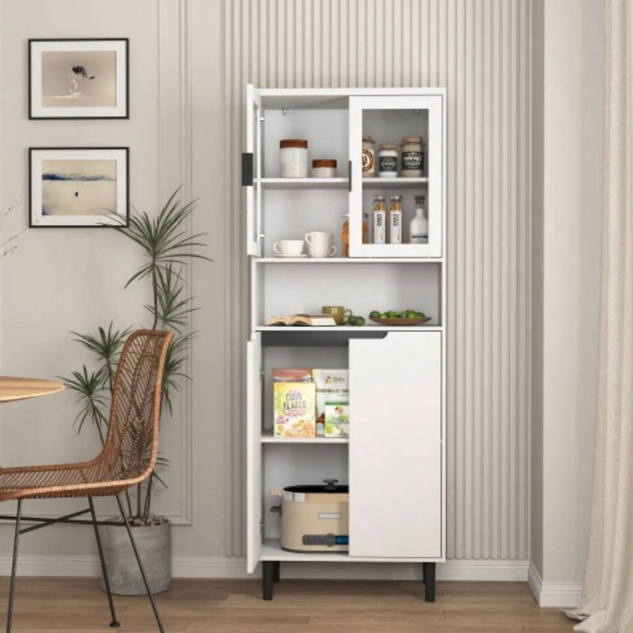 Tempered Glass Door Tall Storage Bookcase with adjustable board, 4 doors MDF painting finished cabinet, White, Living room Bedroom storage