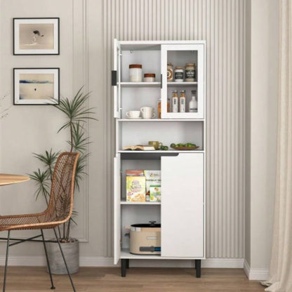 Tempered Glass Door Tall Storage Bookcase with adjustable board, 4 doors MDF painting finished cabinet, White, Living room Bedroom storage