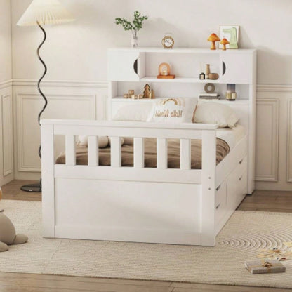 Twin Size Captain Platform Bed Frame with Storage Bookcases and Shelves, Four Drawers, White