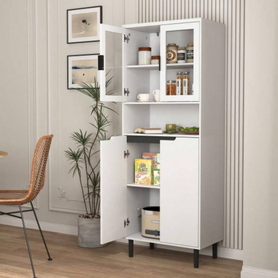 Tempered Glass Door Tall Storage Bookcase with adjustable board, 4 doors MDF painting finished cabinet, White, Living room Bedroom storage