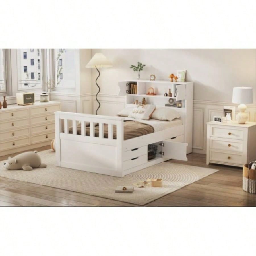 Twin Size Captain Platform Bed Frame with Storage Bookcases and Shelves, Four Drawers, White