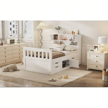 Twin Size Captain Platform Bed Frame with Storage Bookcases and Shelves, Four Drawers, White
