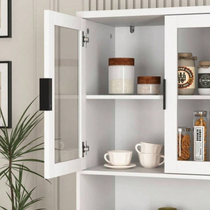 Tempered Glass Door Tall Storage Bookcase with adjustable board, 4 doors MDF painting finished cabinet, White, Living room Bedroom storage