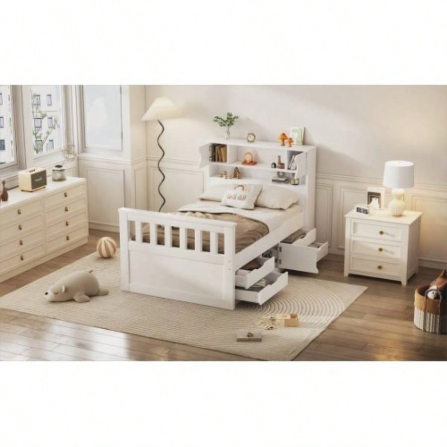 Twin Size Captain Platform Bed Frame with Storage Bookcases and Shelves, Four Drawers, White