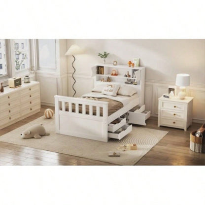 Twin Size Captain Platform Bed Frame with Storage Bookcases and Shelves, Four Drawers, White