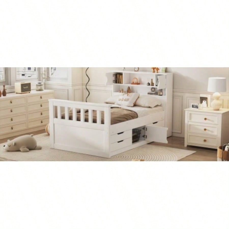 Twin Size Captain Platform Bed Frame with Storage Bookcases and Shelves, Four Drawers, White