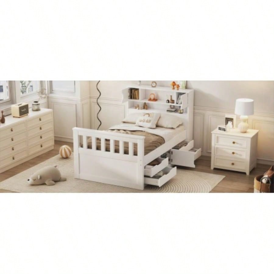 Twin Size Captain Platform Bed Frame with Storage Bookcases and Shelves, Four Drawers, White