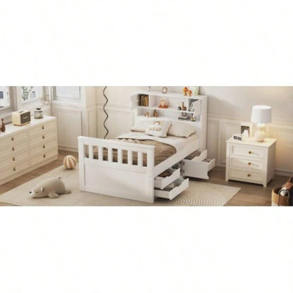 Twin Size Captain Platform Bed Frame with Storage Bookcases and Shelves, Four Drawers, White