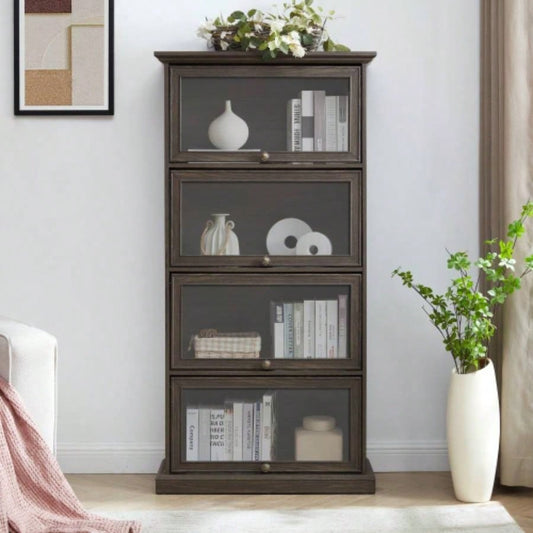 Glass display cabinet 4 Tier Glass Display Cabinet Storage Curio Cabinet with Flip up Glass Doors, Collectors Showcase Toy Figure Organizers Rack, Bookcase Living Room BRO