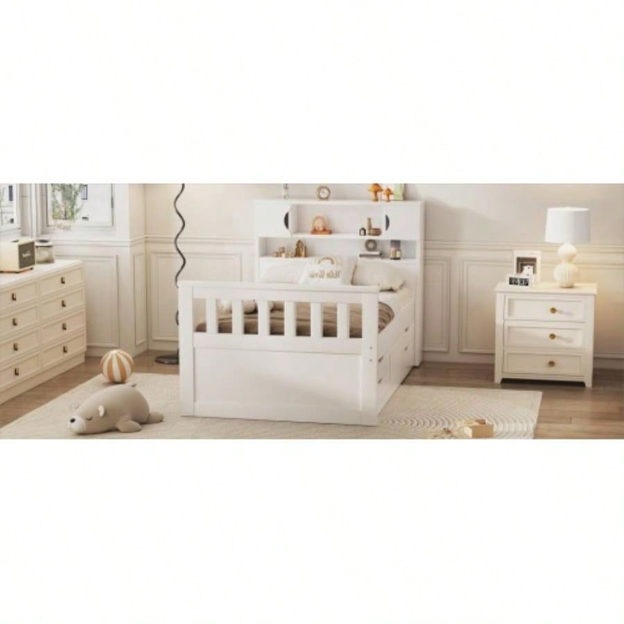 Twin Size Captain Platform Bed Frame with Storage Bookcases and Shelves, Four Drawers, White
