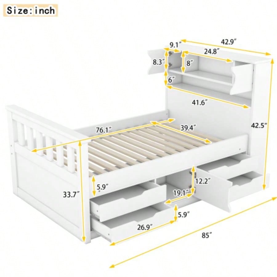 Twin Size Captain Platform Bed Frame with Storage Bookcases and Shelves, Four Drawers, White