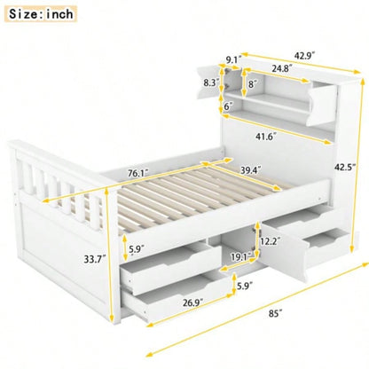 Twin Size Captain Platform Bed Frame with Storage Bookcases and Shelves, Four Drawers, White