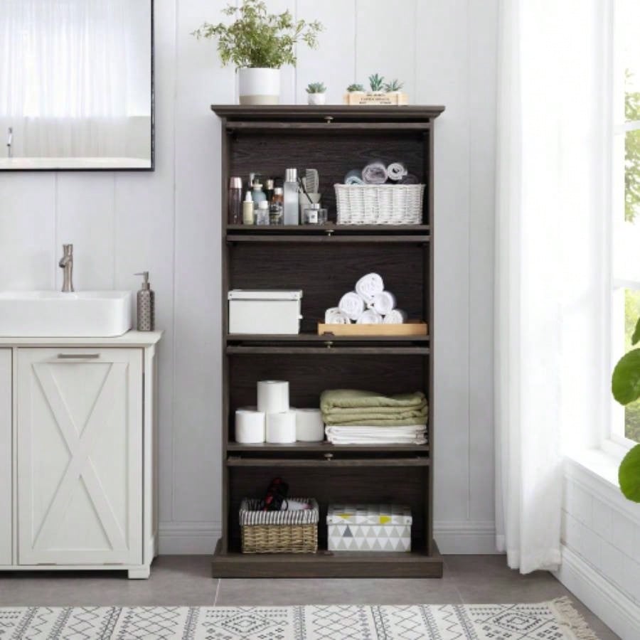 Glass display cabinet 4 Tier Glass Display Cabinet Storage Curio Cabinet with Flip up Glass Doors, Collectors Showcase Toy Figure Organizers Rack, Bookcase Living Room BRO