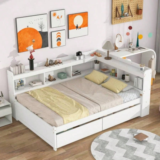Full Bed with L - shaped Bookcases, Drawers, White