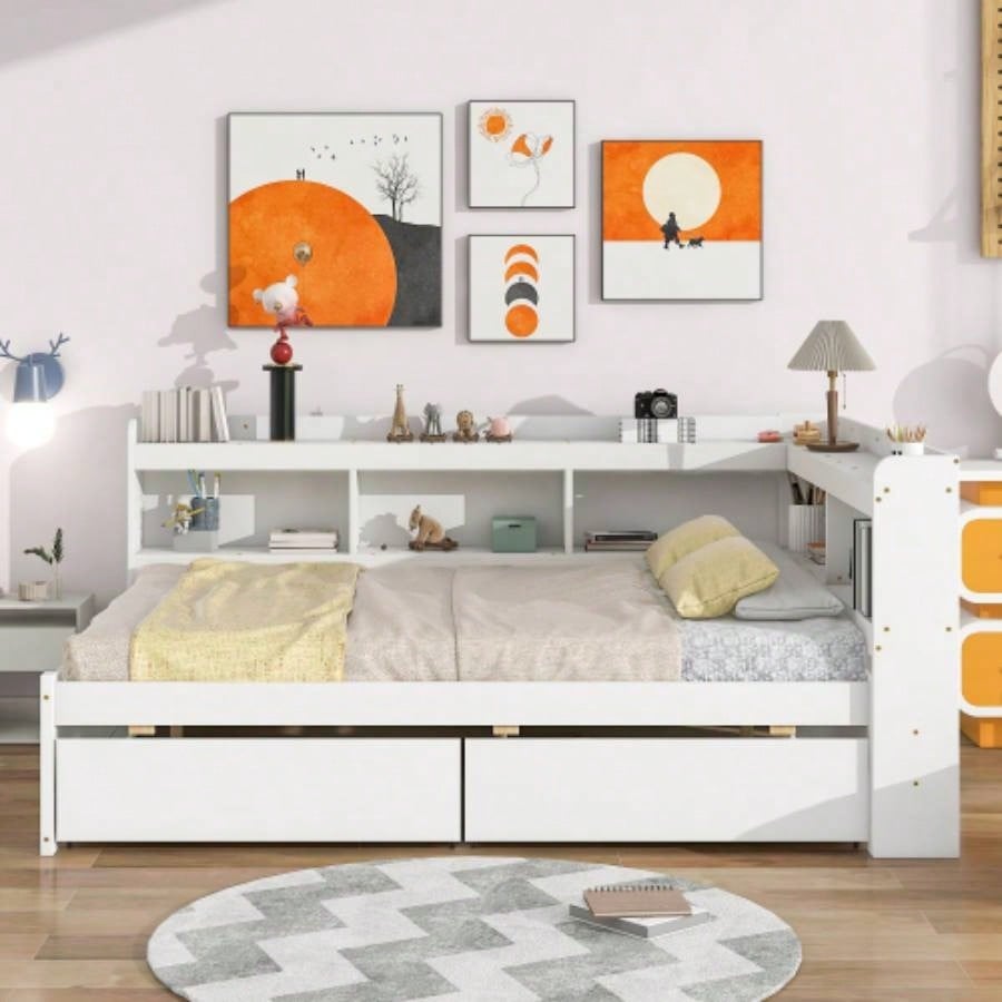 Full Bed with L - shaped Bookcases, Drawers, White