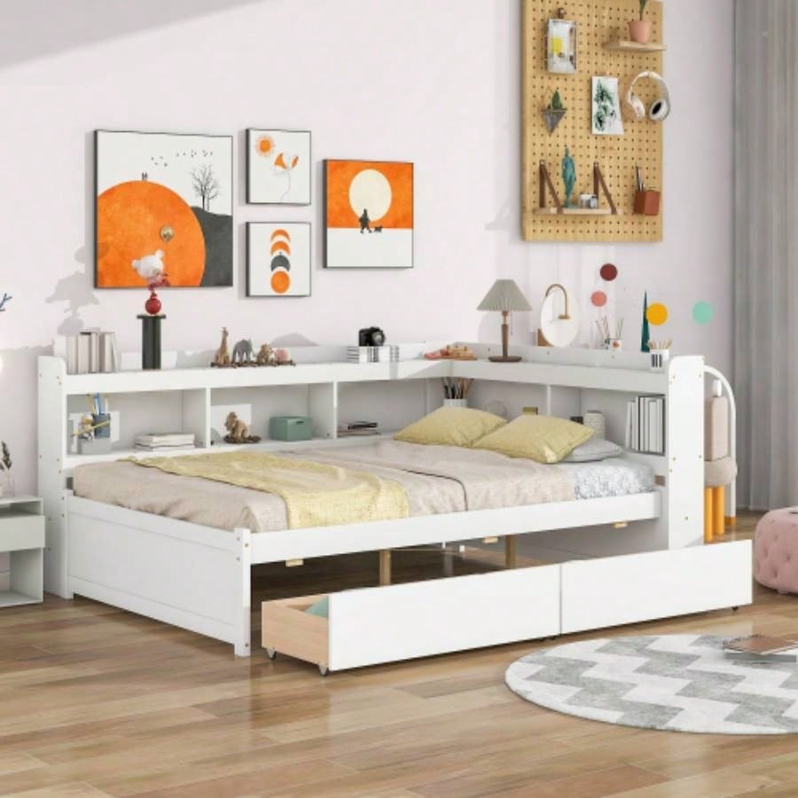 Full Bed with L - shaped Bookcases, Drawers, White
