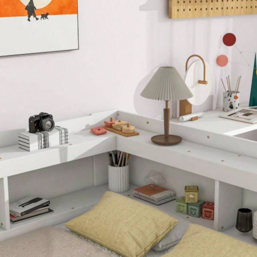 Full Bed with L - shaped Bookcases, Drawers, White
