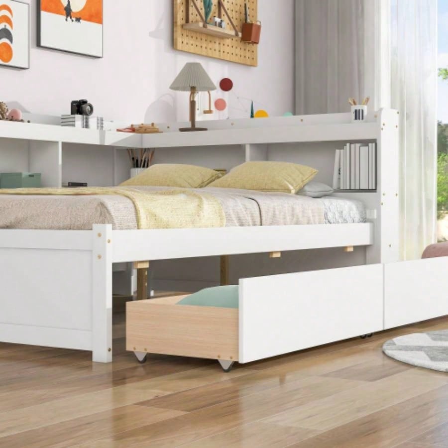 Full Bed with L - shaped Bookcases, Drawers, White