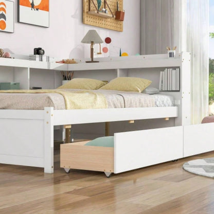 Full Bed with L - shaped Bookcases, Drawers, White