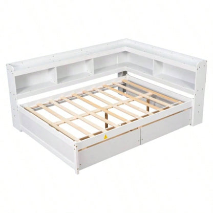 Full Bed with L - shaped Bookcases, Drawers, White