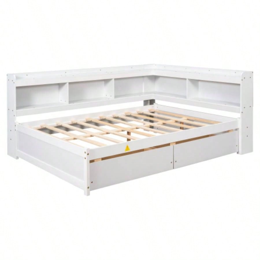 Full Bed with L - shaped Bookcases, Drawers, White