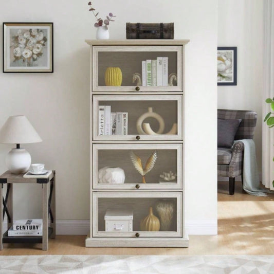 Glass display cabinet 4 Tier Glass Display Cabinet Storage Curio Cabinet with Flip up Glass Doors, Collectors Showcase Toy Figure Organizers Rack, Bookcase Living Room White