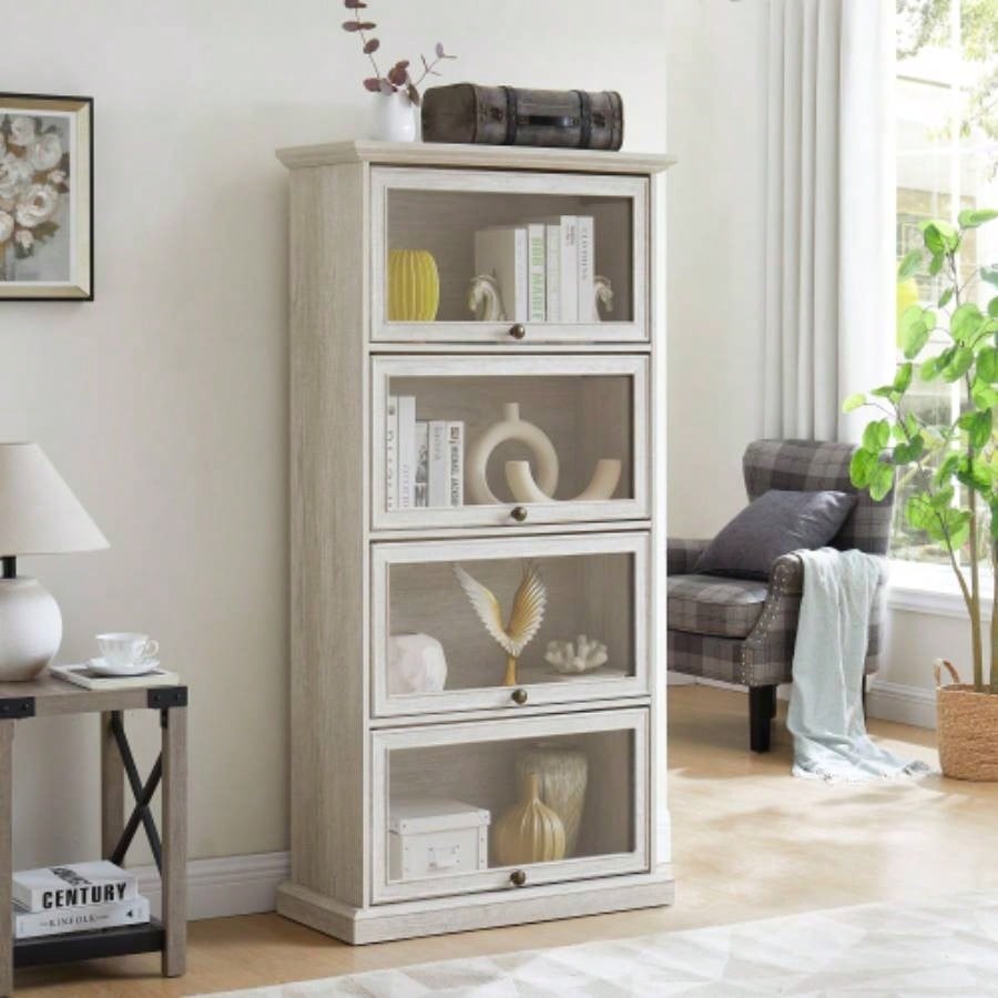 Glass display cabinet 4 Tier Glass Display Cabinet Storage Curio Cabinet with Flip up Glass Doors, Collectors Showcase Toy Figure Organizers Rack, Bookcase Living Room White