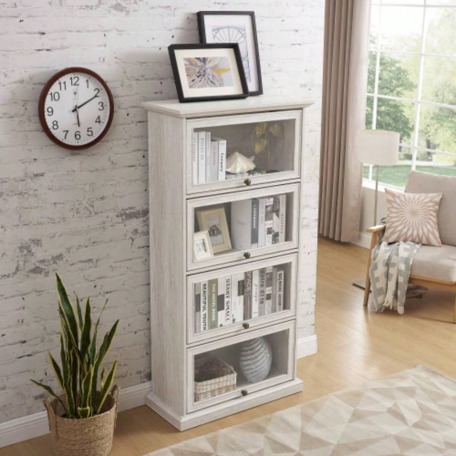 Glass display cabinet 4 Tier Glass Display Cabinet Storage Curio Cabinet with Flip up Glass Doors, Collectors Showcase Toy Figure Organizers Rack, Bookcase Living Room White