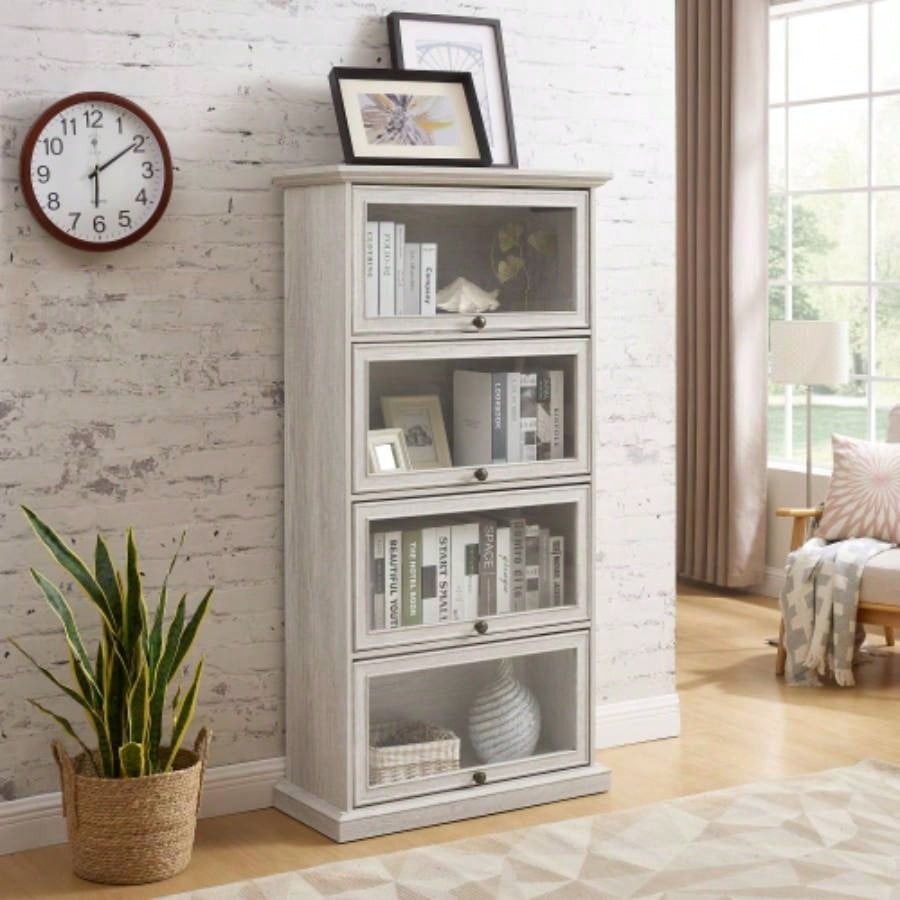 Glass display cabinet 4 Tier Glass Display Cabinet Storage Curio Cabinet with Flip up Glass Doors, Collectors Showcase Toy Figure Organizers Rack, Bookcase Living Room White
