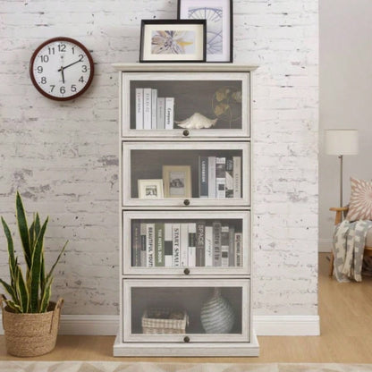 Glass display cabinet 4 Tier Glass Display Cabinet Storage Curio Cabinet with Flip up Glass Doors, Collectors Showcase Toy Figure Organizers Rack, Bookcase Living Room White