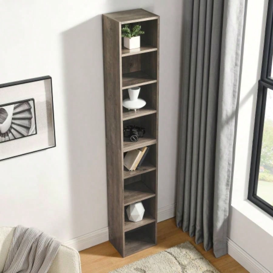8 - Tier Media Tower Rack, CD DVD Slim Storage Cabinet with Adjustable Shelves, Tall Narrow Bookcase Display Bookshelf Home Office, Multi - functional double - decker bookcase