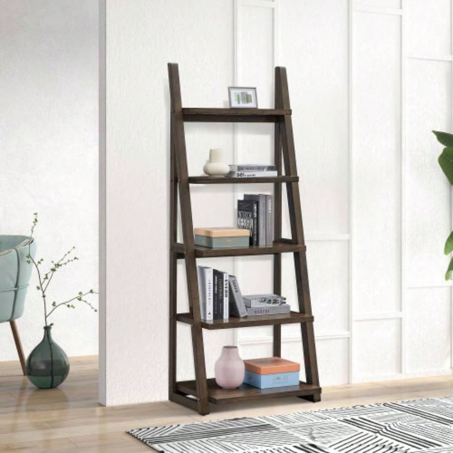 5 - Tier Shelves, Bookshelf, Storage Rack, Bookcase with Rubber Wood Frame, Ladder Shelf Living Room, Home Office, Kitchen, Bedroom, Apartment, Rustic Brown