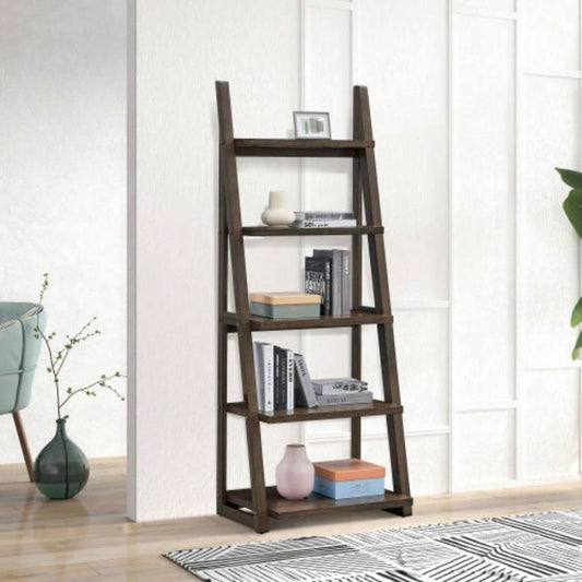 5 - Tier Shelves, Bookshelf, Storage Rack, Bookcase with Rubber Wood Frame, Ladder Shelf Living Room, Home Office, Kitchen, Bedroom, Apartment, Rustic Brown