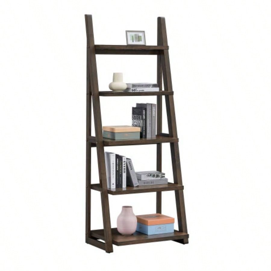 5 - Tier Shelves, Bookshelf, Storage Rack, Bookcase with Rubber Wood Frame, Ladder Shelf Living Room, Home Office, Kitchen, Bedroom, Apartment, Rustic Brown