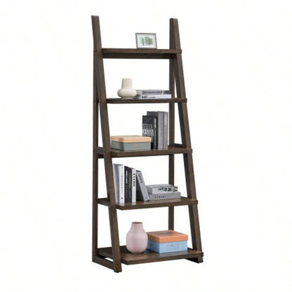 5 - Tier Shelves, Bookshelf, Storage Rack, Bookcase with Rubber Wood Frame, Ladder Shelf Living Room, Home Office, Kitchen, Bedroom, Apartment, Rustic Brown
