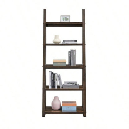 5 - Tier Shelves, Bookshelf, Storage Rack, Bookcase with Rubber Wood Frame, Ladder Shelf Living Room, Home Office, Kitchen, Bedroom, Apartment, Rustic Brown