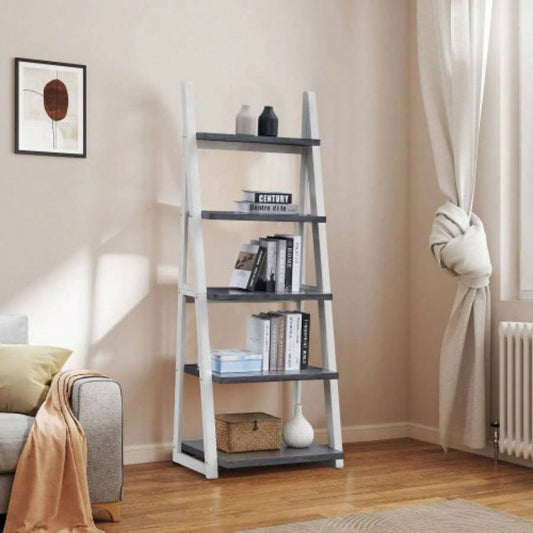 5 - Tier Shelves, Bookshelf, Storage Rack, Bookcase with Rubber Wood Frame, Ladder Shelf Living Room, Home Office, Kitchen, Bedroom, Apartment